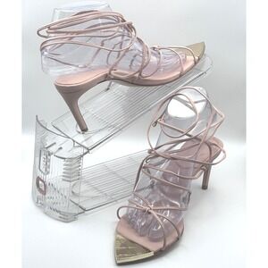 Schutz Hana Mid Sweet Rose Pink Leather Lace Up Gold Tip Pointed Toe Heels 7.5B